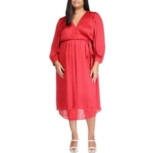 MICHAEL Michael Kors Cheetah Jacquard Red Wrap Midi Dress with Bishop Sleeves